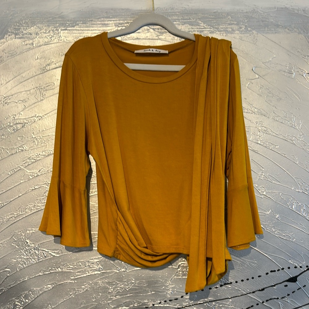 Lock & Key Round Neck Fluted Sleeve Wrap Tie Crop Top Size XS Mustard